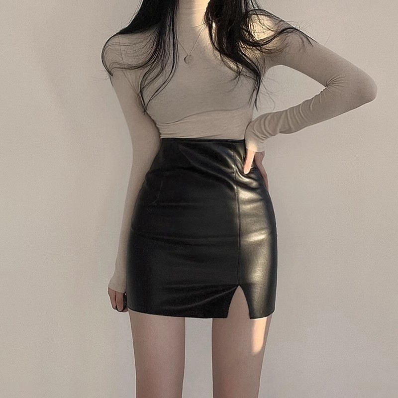 Vysoký pás faux PU kožená sukňa s A-liniou, priliehavý strih, s vreckami