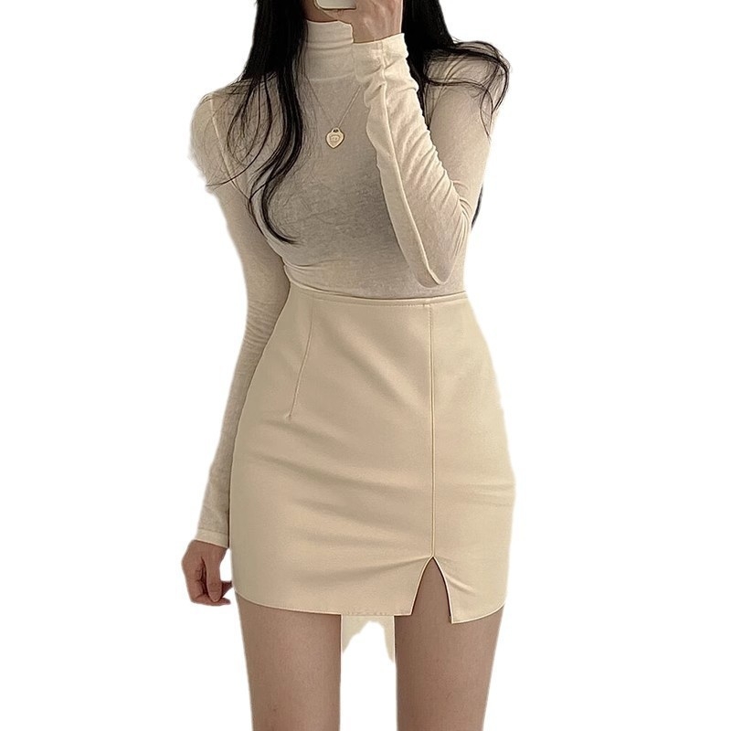 Vysoký pás faux PU kožená sukňa s A-liniou, priliehavý strih, s vreckami