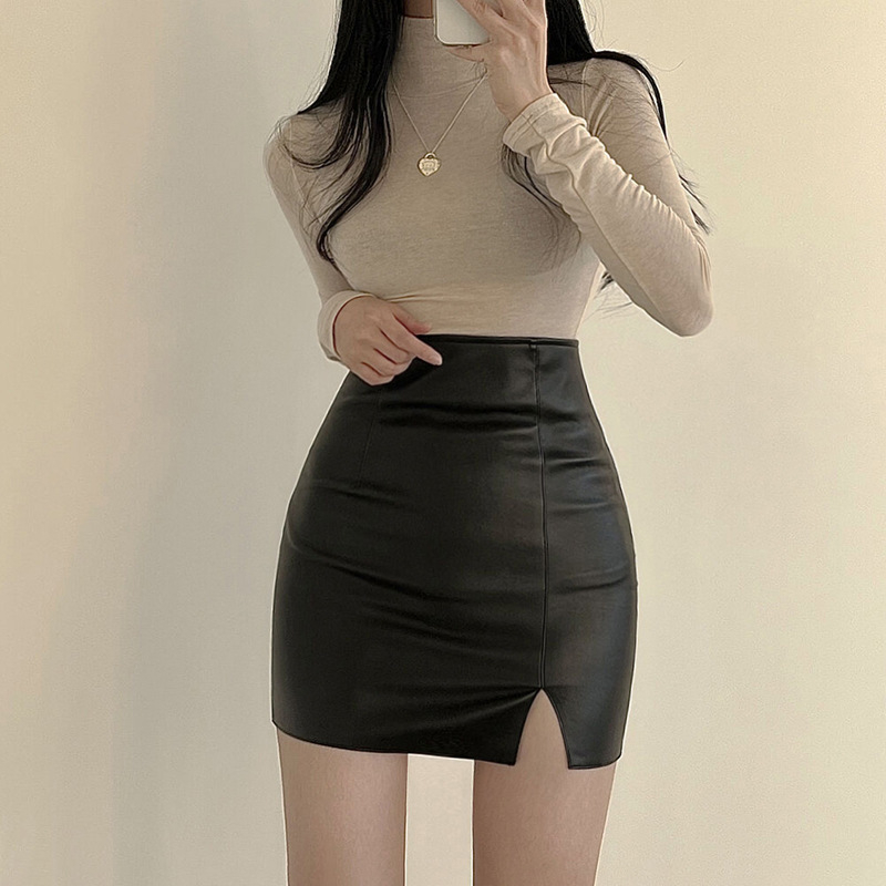 Vysoký pás faux PU kožená sukňa s A-liniou, priliehavý strih, s vreckami