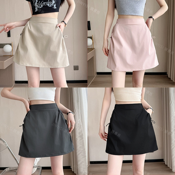 A-línia krátka sukňa s geometrickým vzorom, polyester/elastan materiál, bežný japonsko-kórejský štýl