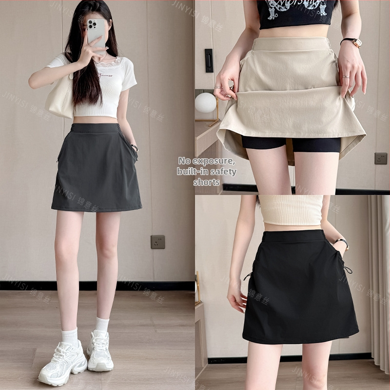 A-línia krátka sukňa s geometrickým vzorom, polyester/elastan materiál, bežný japonsko-kórejský štýl