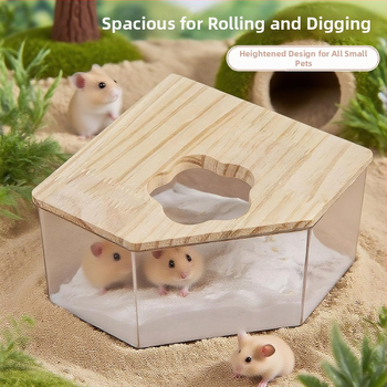 Hamster kúpeľný pieskovník – transparentný, dvojúčelová toaleta, konštrukcia z PET a masívneho dreva, Crystal Wood Bathroom od Chengxi