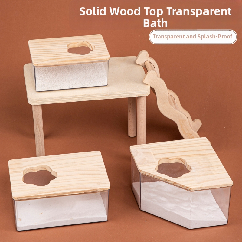 Hamster kúpeľný pieskovník – transparentný, dvojúčelová toaleta, konštrukcia z PET a masívneho dreva, Crystal Wood Bathroom od Chengxi