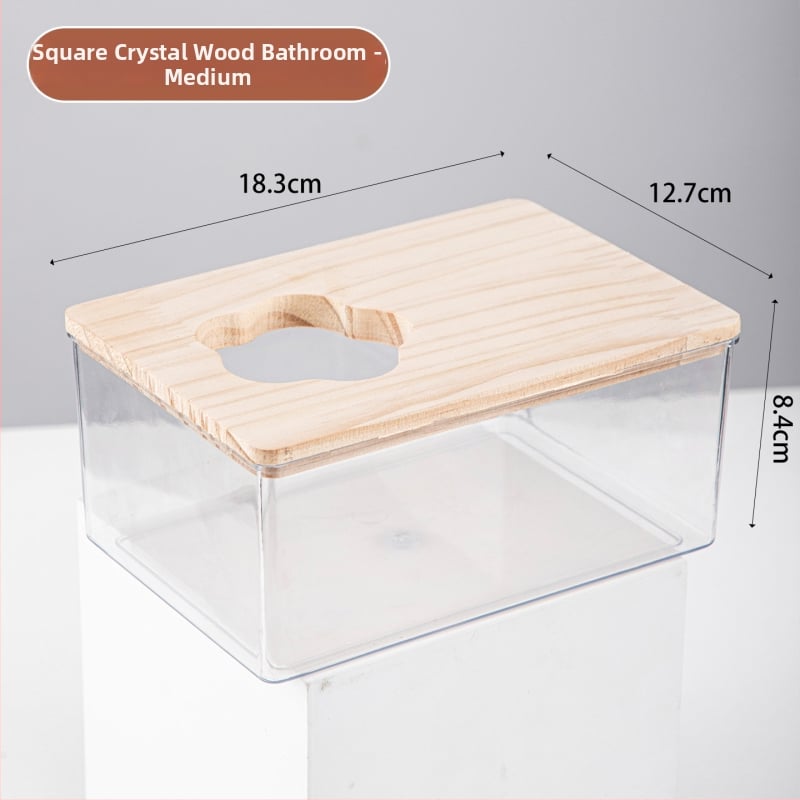 Hamster kúpeľný pieskovník – transparentný, dvojúčelová toaleta, konštrukcia z PET a masívneho dreva, Crystal Wood Bathroom od Chengxi