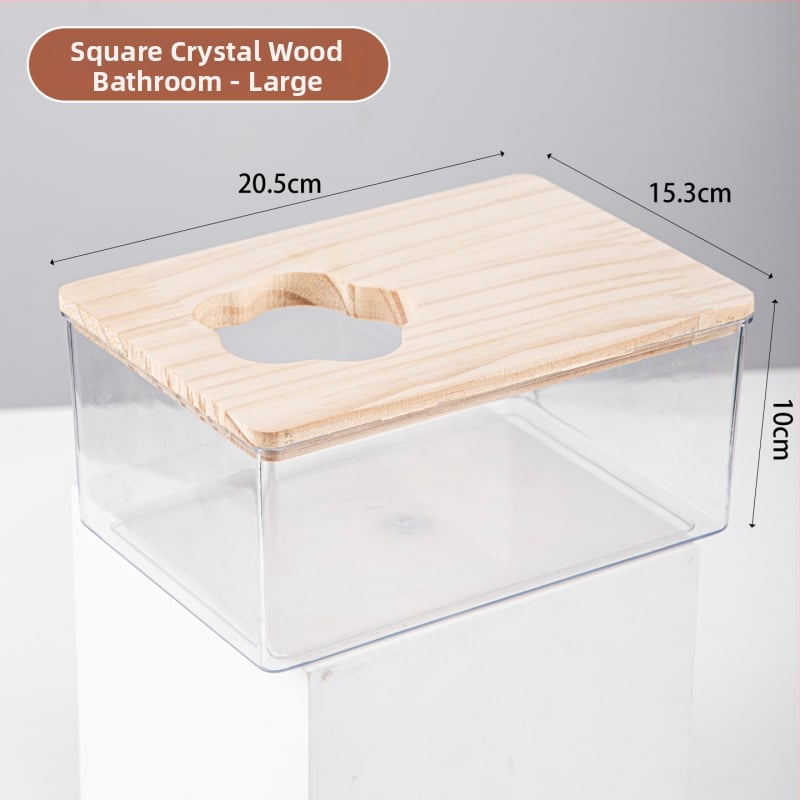 Hamster kúpeľný pieskovník – transparentný, dvojúčelová toaleta, konštrukcia z PET a masívneho dreva, Crystal Wood Bathroom od Chengxi