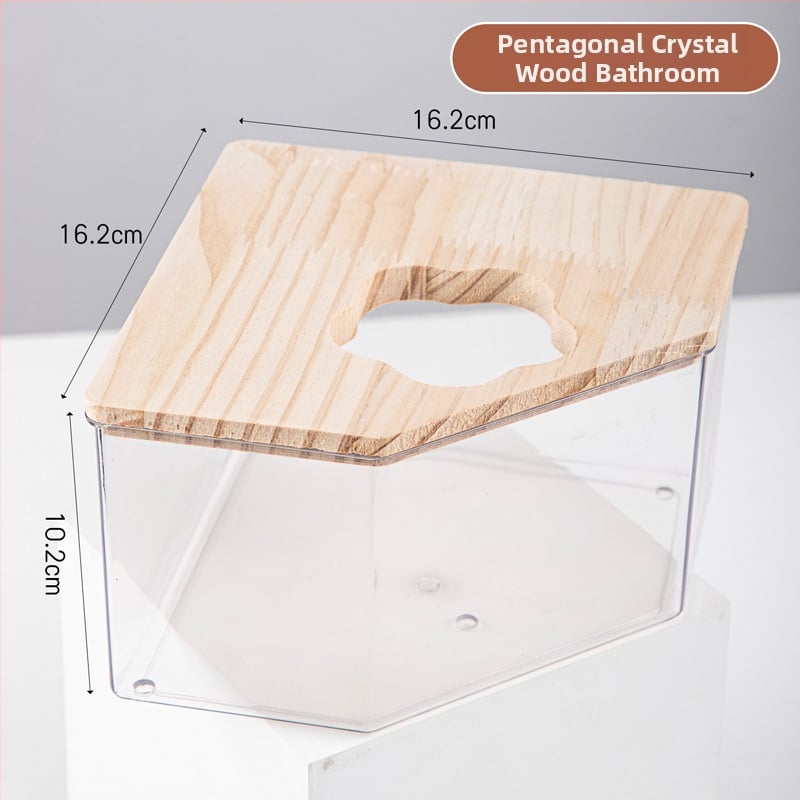 Hamster kúpeľný pieskovník – transparentný, dvojúčelová toaleta, konštrukcia z PET a masívneho dreva, Crystal Wood Bathroom od Chengxi