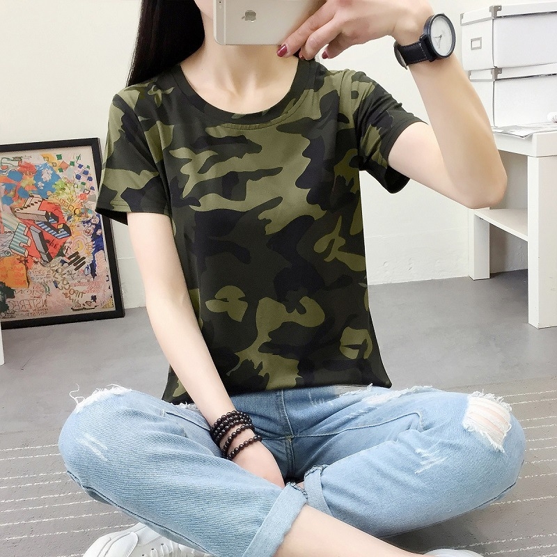 Miss Tang tricou camuflaj, stil korean pulover, mâneci scurte, guler rotund, material poliester-elastan