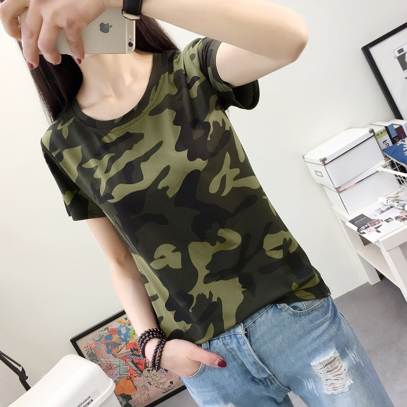 Miss Tang tricou camuflaj, stil korean pulover, mâneci scurte, guler rotund, material poliester-elastan