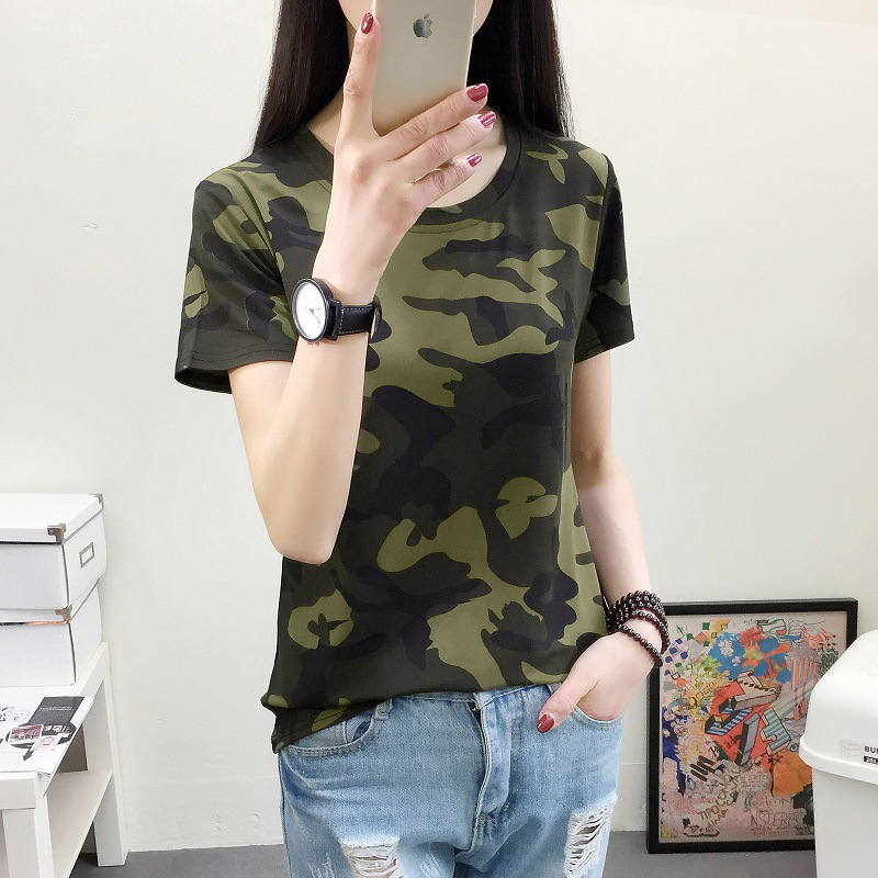 Miss Tang tricou camuflaj, stil korean pulover, mâneci scurte, guler rotund, material poliester-elastan