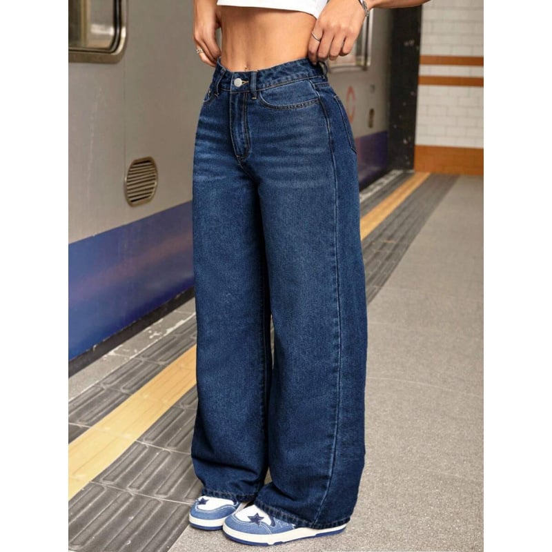 Szabad esésű, egyenes szárú farmernadrág fleece béléssel, dupla deréksz, húzózsinóros zárás, hosszú