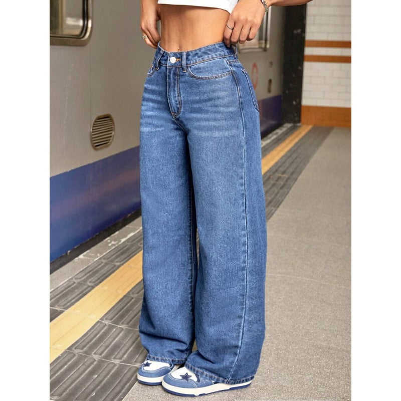 Szabad esésű, egyenes szárú farmernadrág fleece béléssel, dupla deréksz, húzózsinóros zárás, hosszú