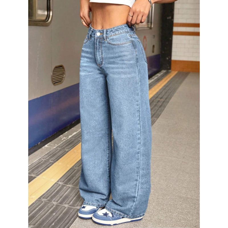 Szabad esésű, egyenes szárú farmernadrág fleece béléssel, dupla deréksz, húzózsinóros zárás, hosszú