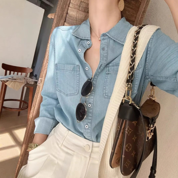 Košeľa z lyocellu denim vzhľadu, golier typu lapel, dlhé rukávy, voľný strih, Spandex zmes