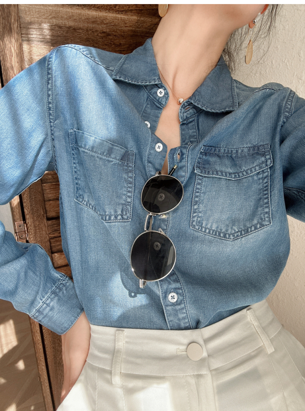 Košeľa z lyocellu denim vzhľadu, golier typu lapel, dlhé rukávy, voľný strih, Spandex zmes