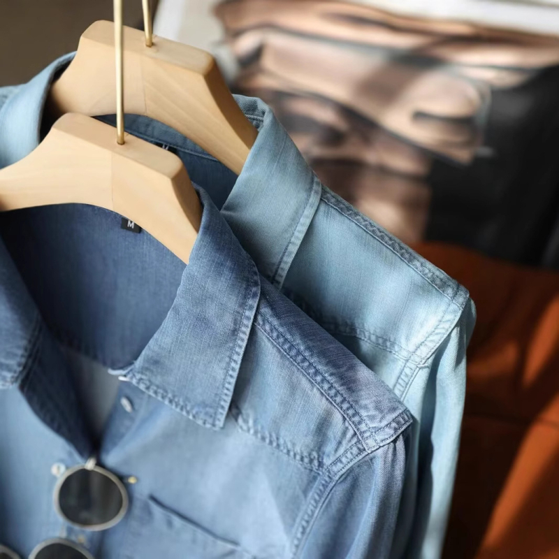 Košeľa z lyocellu denim vzhľadu, golier typu lapel, dlhé rukávy, voľný strih, Spandex zmes