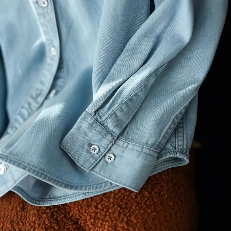 Košeľa z lyocellu denim vzhľadu, golier typu lapel, dlhé rukávy, voľný strih, Spandex zmes