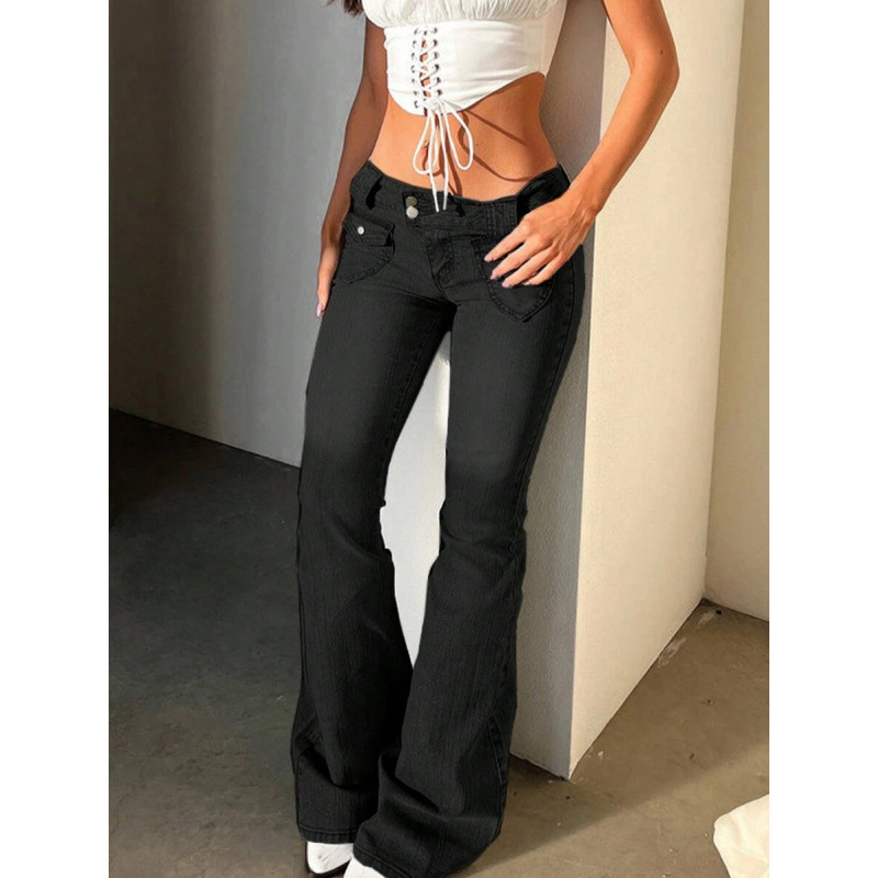 Dámske džínsy z denimu – štíhla silueta, rovný strih nohavíc, fleece podšívka, dvojitá pásová oblasť, zapínanie na šnúrku