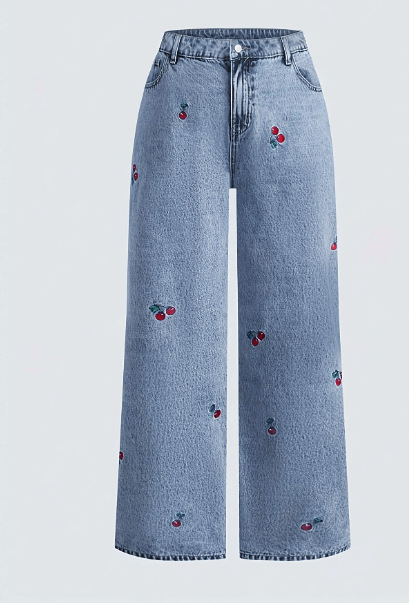 Džíny z denimu s rovným strihom, stredná výška, distressed povrch, vyšívané červené kvety čerešne, zmes bavlny a polyesteru