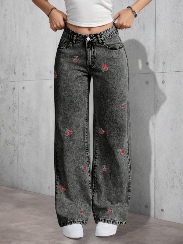 Džíny z denimu s rovným strihom, stredná výška, distressed povrch, vyšívané červené kvety čerešne, zmes bavlny a polyesteru