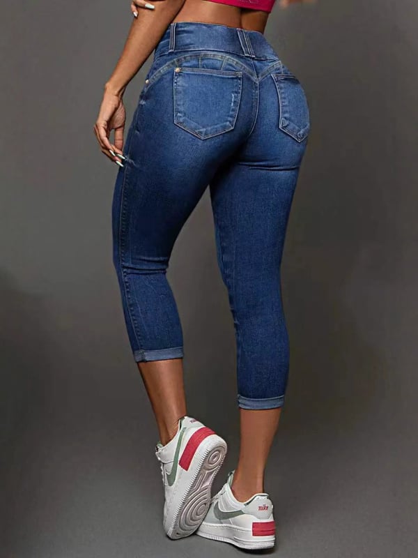 Džíny Slim Fit s vysokým pásom, vysoká elasticita, ručne distresované úpravy