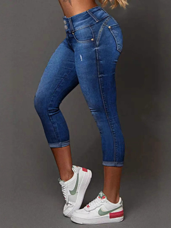 Džíny Slim Fit s vysokým pásom, vysoká elasticita, ručne distresované úpravy