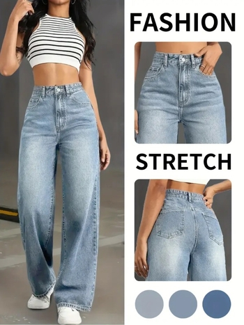 Džíny s vysokým pásom, rovný strih, denim, bavlna 70–80%, zips