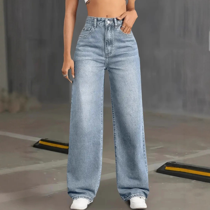 Džíny s vysokým pásom, rovný strih, denim, bavlna 70–80%, zips