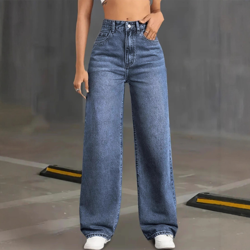 Džíny s vysokým pásom, rovný strih, denim, bavlna 70–80%, zips