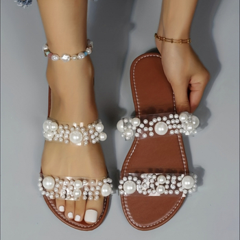 Platformové sandále s perlovou ozdobou, dvojitými páskami a otvorenou špičkou, slip-on dizajn, PVC horná časť a podrážka