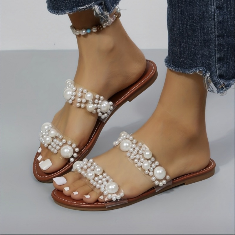 Platformové sandále s perlovou ozdobou, dvojitými páskami a otvorenou špičkou, slip-on dizajn, PVC horná časť a podrážka