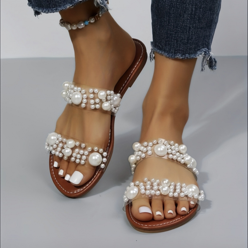 Platformové sandále s perlovou ozdobou, dvojitými páskami a otvorenou špičkou, slip-on dizajn, PVC horná časť a podrážka