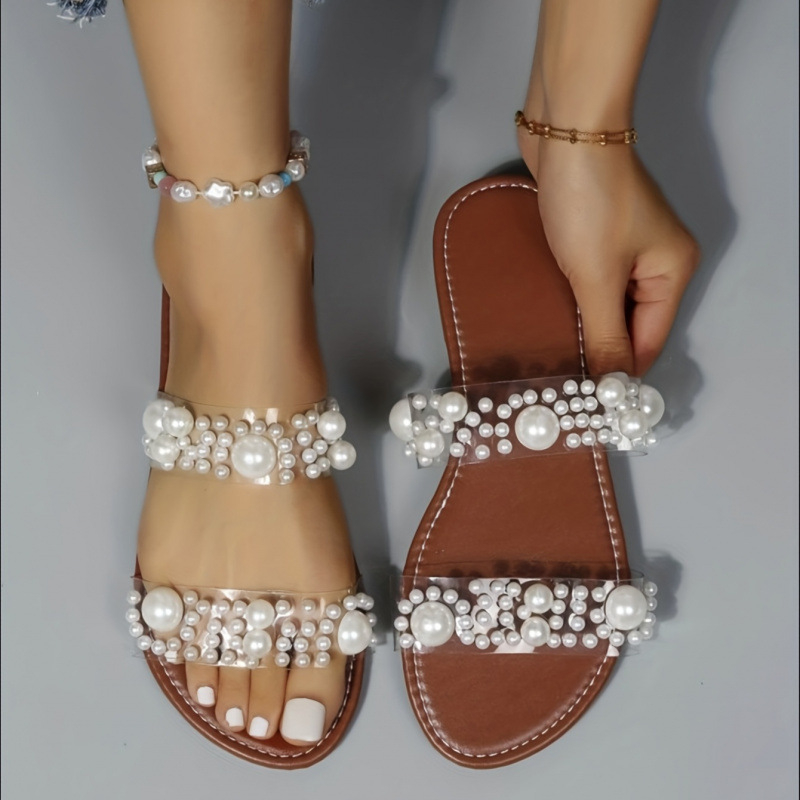 Platformové sandále s perlovou ozdobou, dvojitými páskami a otvorenou špičkou, slip-on dizajn, PVC horná časť a podrážka