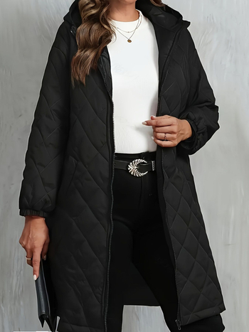 Dámsky kapucňový prešívaný kabát s diamantovým vzorom, zips, hrubá výplň