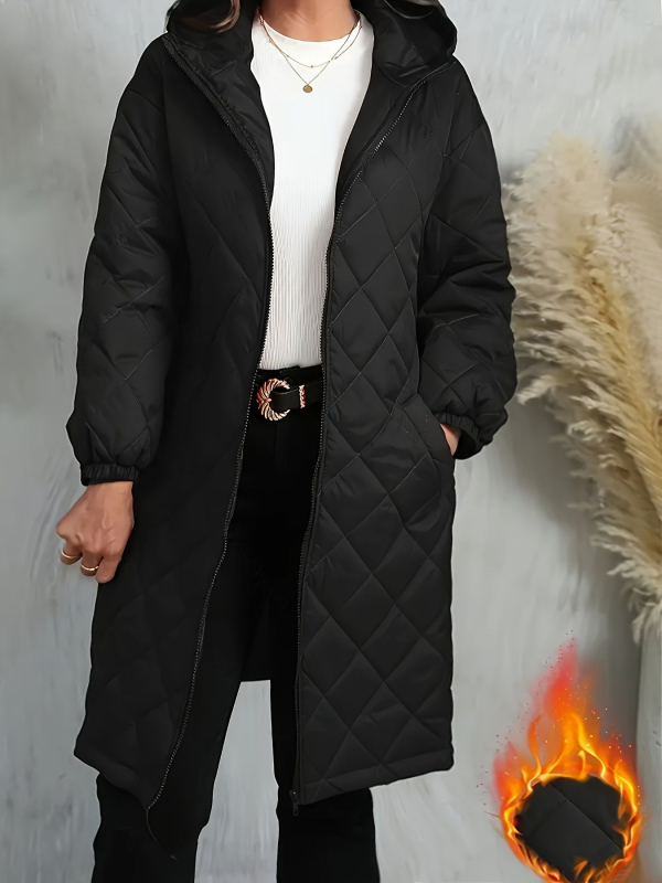 Dámsky kapucňový prešívaný kabát s diamantovým vzorom, zips, hrubá výplň