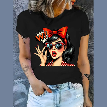 Dámske tričko s dizajnom retro pop art, voľný strih, krátke rukávy, okrúhly výstrih, 96% polyester, manga grafika