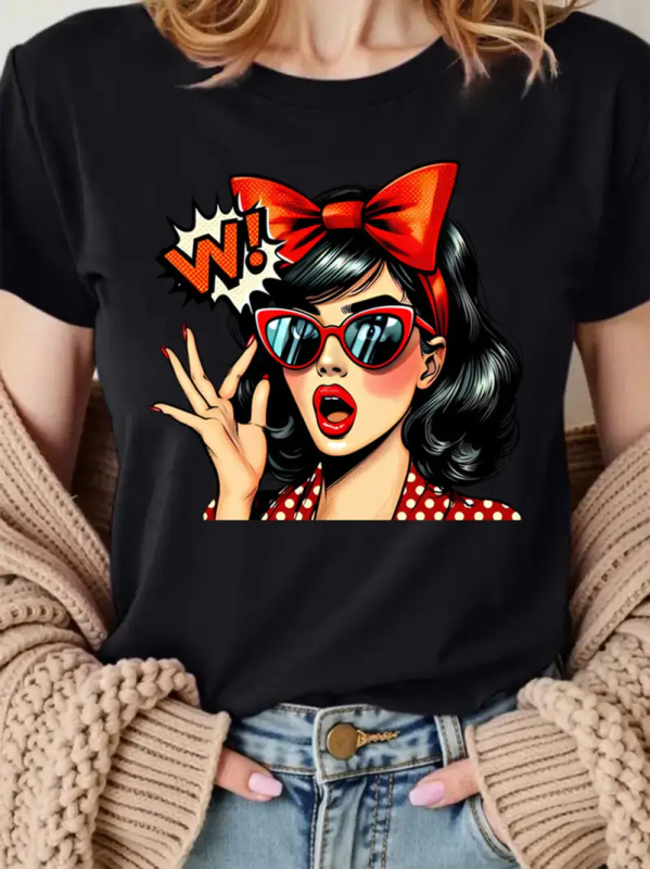 Dámske tričko s dizajnom retro pop art, voľný strih, krátke rukávy, okrúhly výstrih, 96% polyester, manga grafika