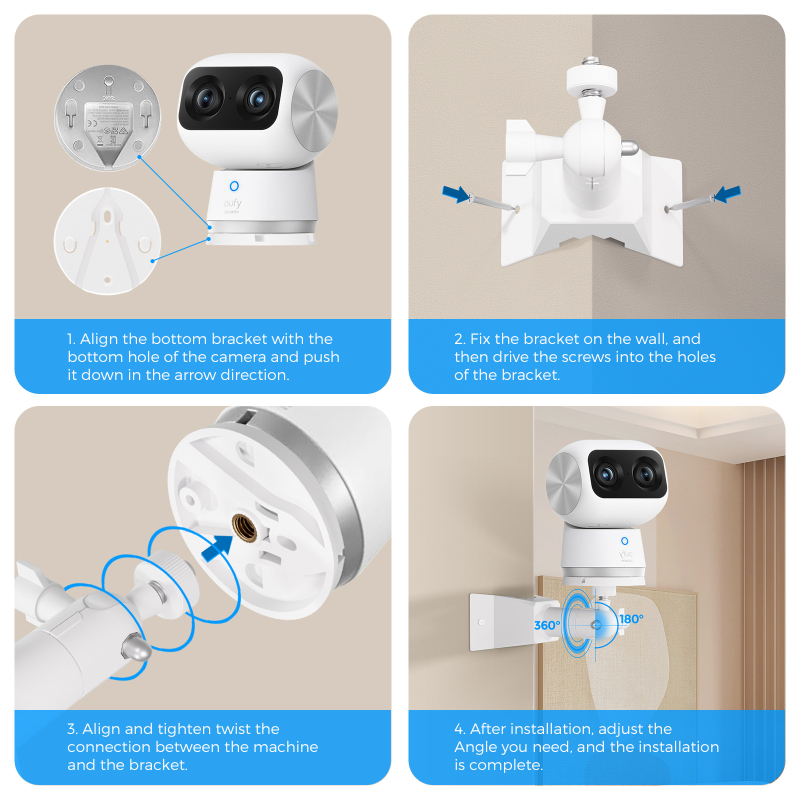EufyS350 držiak na kameru do rohu — 360° otáčanie, hliníková zliatina, povrchová úprava palivové vstrekovanie, vnútorné aj vonkajšie použitie