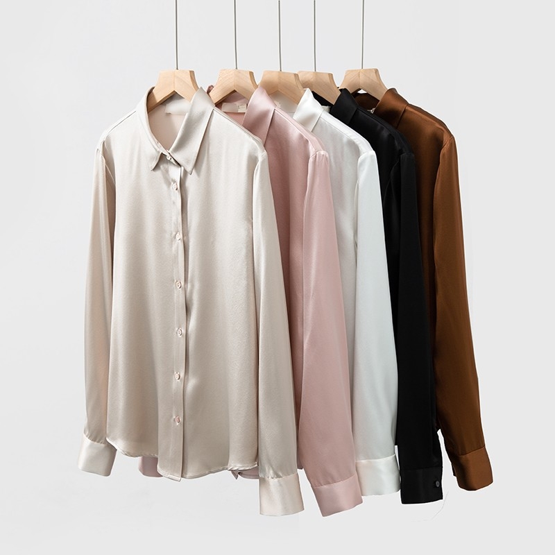 Dámska košeľa z mulberry hodvábov, dlhé rukávy, golier Polo, rovný strih, predná placket s gombíkmi