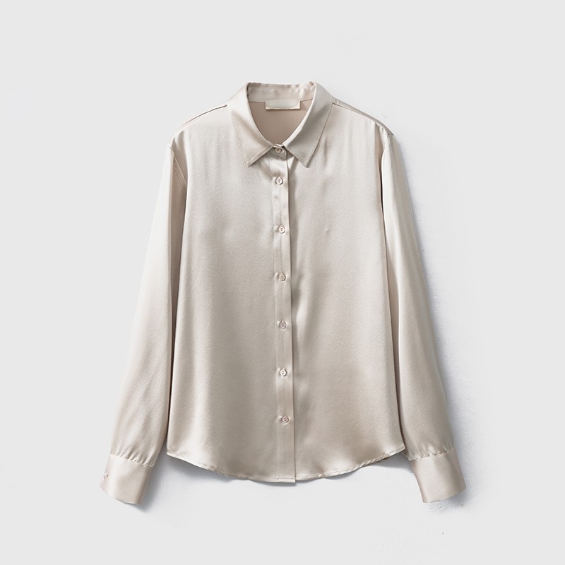 Dámska košeľa z mulberry hodvábov, dlhé rukávy, golier Polo, rovný strih, predná placket s gombíkmi