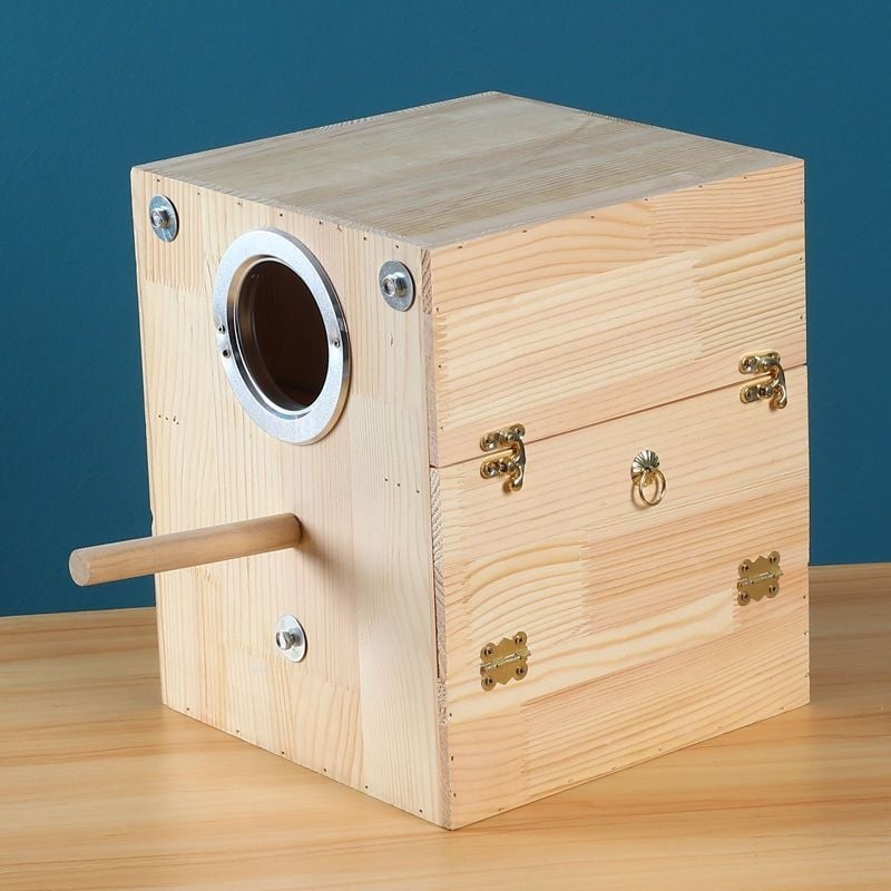 Budgie visací hniezdo z masívneho dreva pre vtáky na rozmnožovanie — značka Happy Parrot