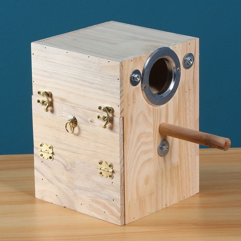 Budgie visací hniezdo z masívneho dreva pre vtáky na rozmnožovanie — značka Happy Parrot