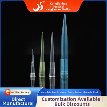 Jednorazové špičky pipety na prenos tekutín — značka Kang Jian Hua; výrobné číslo 13; objemy 10 μL / 200 μL / 1 mL / 5 mL