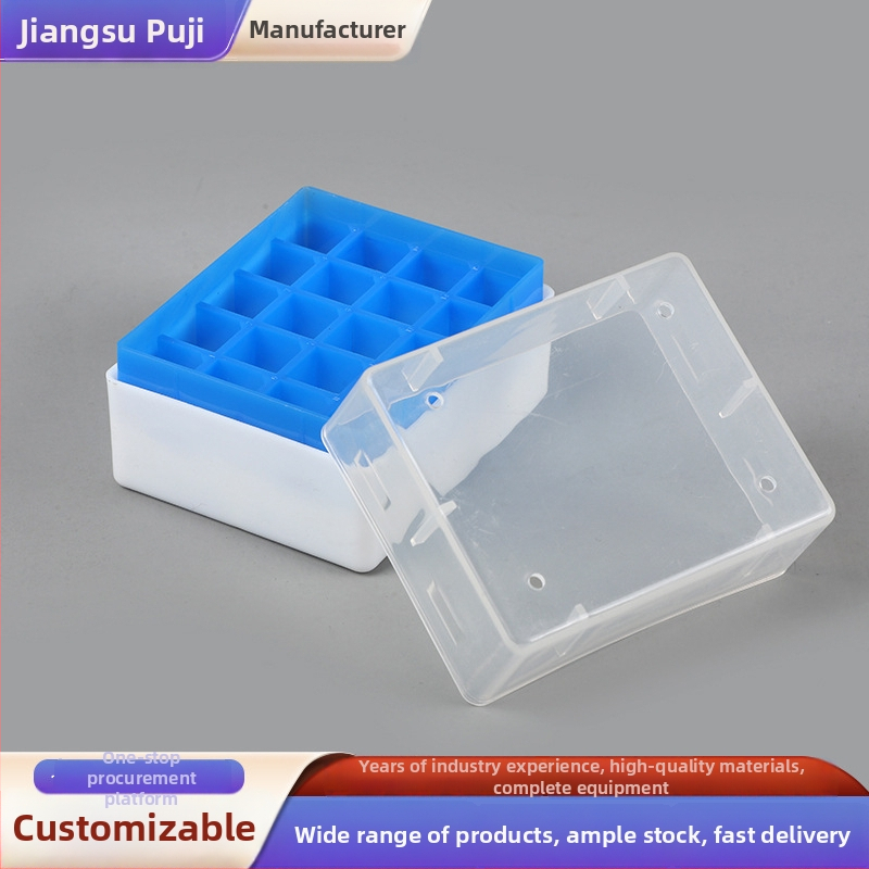 Plastmasas centra cauruļu kastīte ar 32 atverēm un 96 atverēm uzgaļu kaste – paraugiem; izcelsme Jiangsu, ražotājs Puji