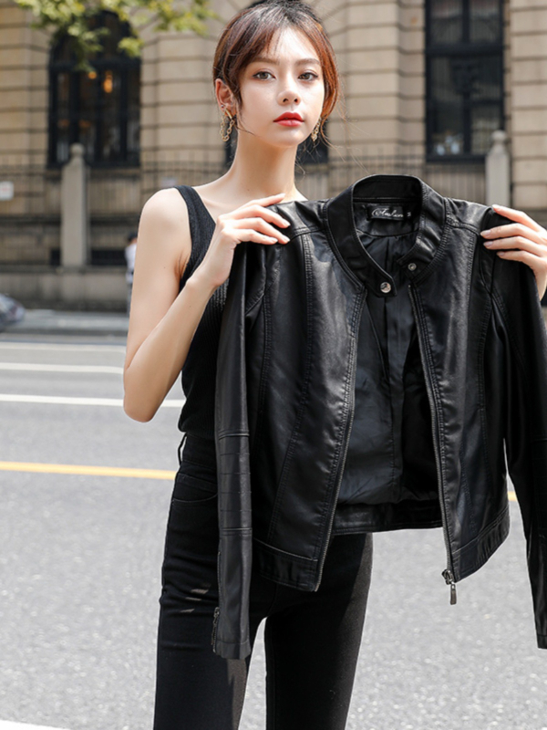 Ženská syntetická kožená bunda – ultra krátka dĺžka, stojací golier, zips, úzky strih, jesenná kolekcia 2025