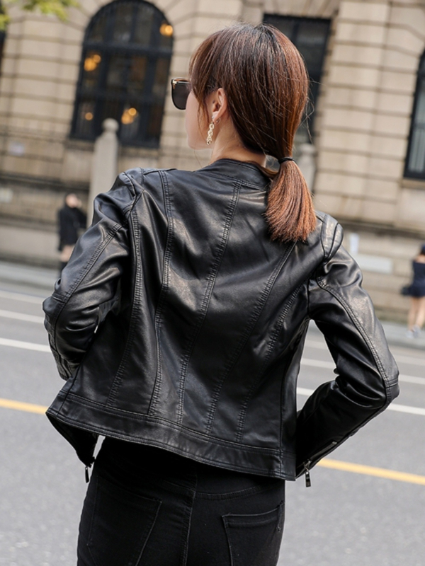 Ženská syntetická kožená bunda – ultra krátka dĺžka, stojací golier, zips, úzky strih, jesenná kolekcia 2025