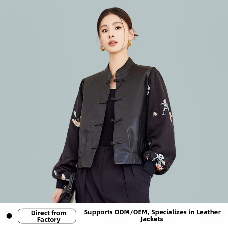 Dámska kožená bunda z umelej kože - umelá koža PU, stojatý golier, jednosranné zapínanie, vyšívací detail, dlhé rukávy