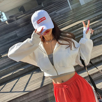 Hanorac cu fermoar pentru femei, din bumbac terry, croială lejeră, lungime scurtă, căptușit cu fleece Aohan velvet