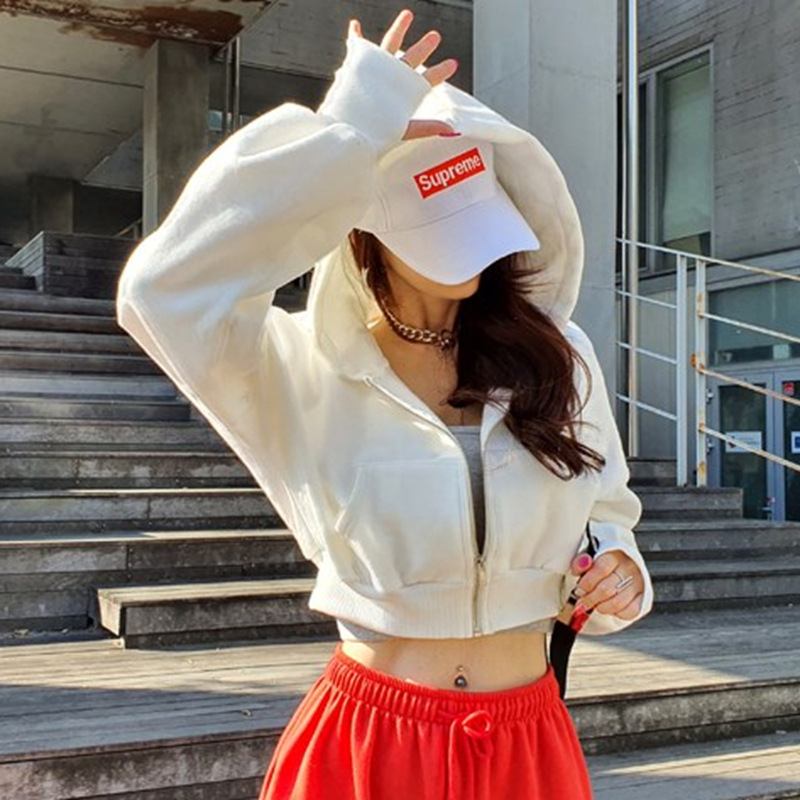 Hanorac cu fermoar pentru femei, din bumbac terry, croială lejeră, lungime scurtă, căptușit cu fleece Aohan velvet