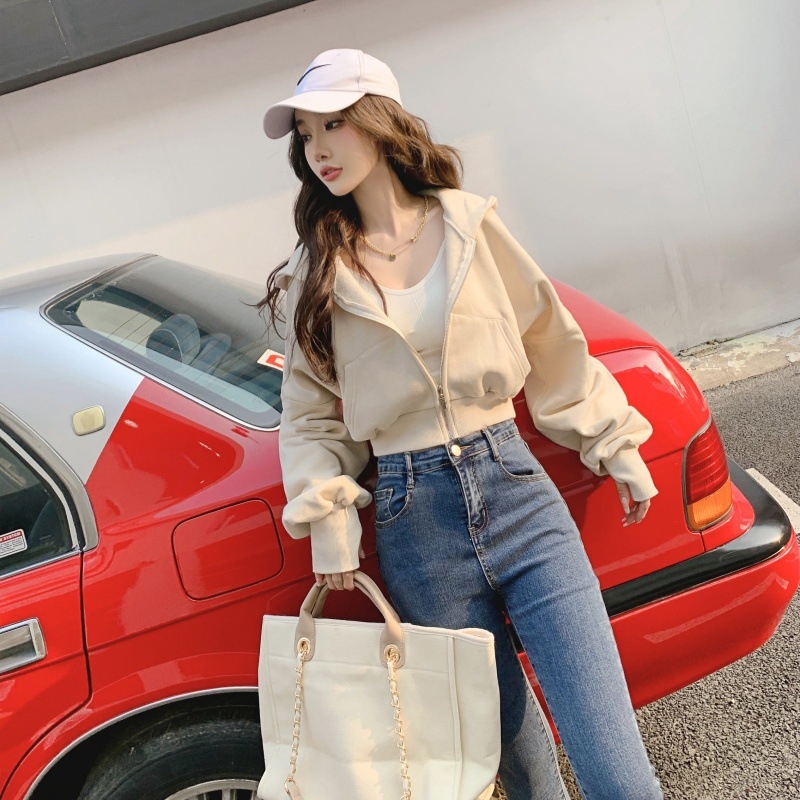 Hanorac cu fermoar pentru femei, din bumbac terry, croială lejeră, lungime scurtă, căptușit cu fleece Aohan velvet