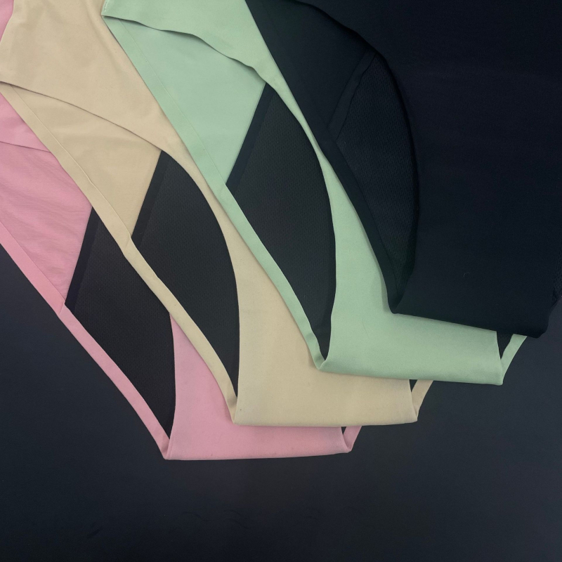 Fyziologické nohavičky pre ženy – proti úniku, štvordielny dizajn; hlavná tkanina Nylon/Polyamid 78%; vnútorný panel chrbta: Polyester 80%; stredný pás; pletený materiál